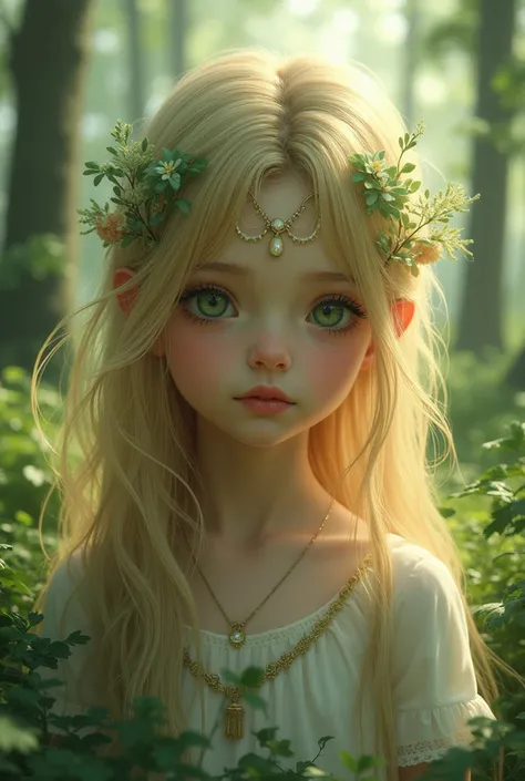 a young blonde girl with green eyes in a forest with pretty eyes behind half transparent