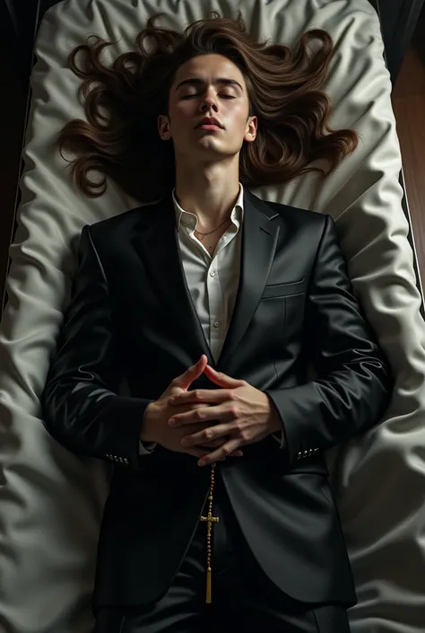 Dead young man very long hair barefoot dressed in shiny satin black suit eyes closed mouth closed hands folded on chest holding rosary lying in satin casket in funeral home full top view