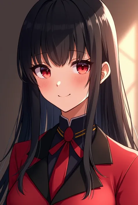  Girl with long straight black hair , with bangs.  He has slanted red eyes and has a cheerful expression. He wears a red and black uniform , with an elegant model style