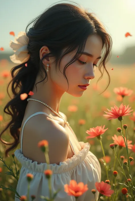 Thoughtful woman in a flower field