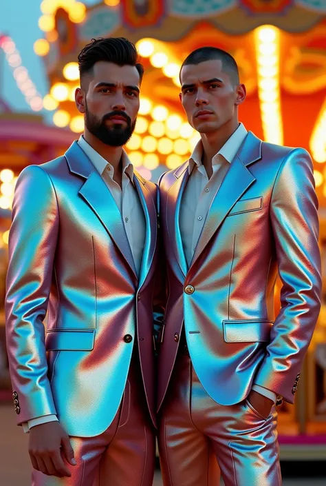 two men (one has a stylized beard and short hair, the other with short hair and no beard) dressed in iridescent suits, standing side by side in an amusement park next to a carousel, dressed in an iridescent tuxedo.
