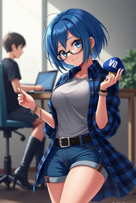 anime,  beautiful woman,  short disheveled hair color blue, press on the hair ,  bright blue eyes , beautiful body, earrings, bracelets, glasses,  long boots with heels and buckles ,  very short jeans ,  black belt ,  flannel shirt tied at the waist ,  dar...