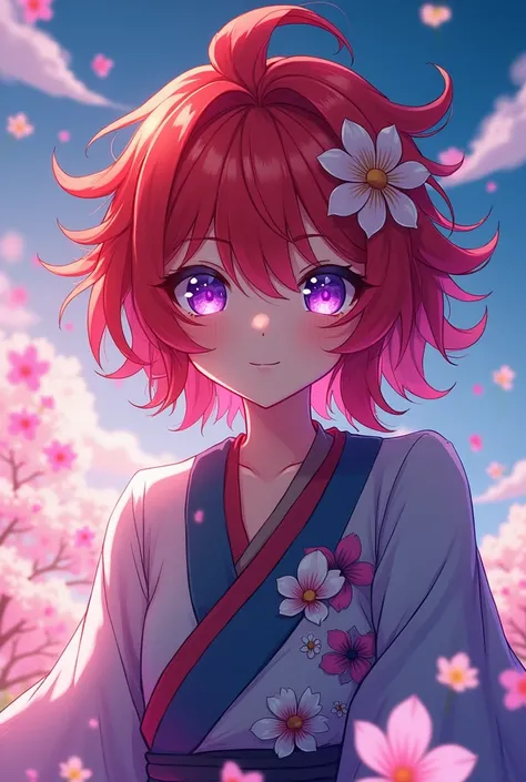  Create me a vituber that looks like Himura Kenshin in hair color but doesnt have a tail, eyes between purple ,violets, pink and blue
 And the rest look like this woman Soujiro. 
