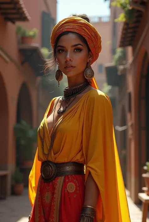  Woman in eye turban with black eyeliner.  Long tunics in yellow and red .  Scenario alley of cramped streets . Medina in Morocco 
