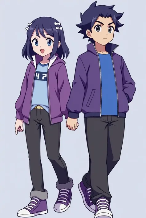 s rival Dawn Hikari from Pokémon , dark blue hair,  blue eyes ,  and Paul Shinji with shoulder-length purple hair , sharper dark eyes, black eyes , with a tanned complexion and who wears a purple jacket , blue t-shirt,  dark pants and purple sneakers and w...