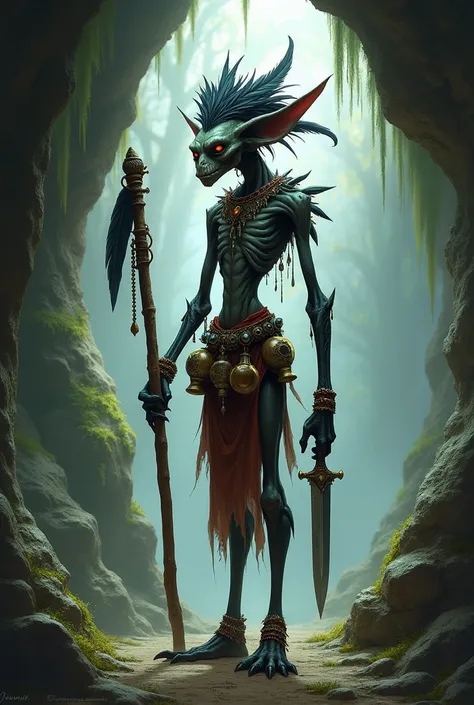  In a grotto A weak goblin shaman with long dark limbs bracelets and amulet , holding in his hand a stick and a knife the crown of black feathers  ,has a belt with large potions 