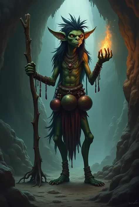  In a grotto A weak goblin shaman with long dark limbs bracelets and amulet , holding a stick and a torch,crown of black feathers  ,has a belt with large potions 