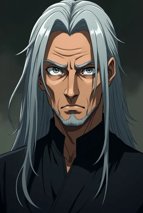 Old anime guy , courageous face,  straight gray hair shoulder length,  grey eyes thin build,   18th century shirt black  