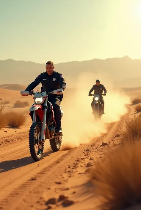 Police escape in the desert on a dirt bike