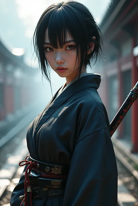  Create Vituber woman similar to Kenshin Himura but with the eyes of Aiji Yanagi, Who wears short hair .