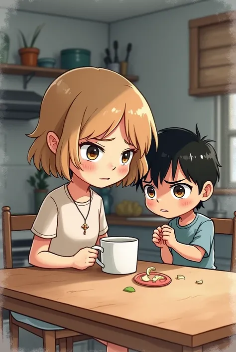  A small and cozy kitchen . clara,  a chibi-looking young woman ,  with short light brown hair ,  holds a broken cup ,  looking down with a sad expression . Luis,  his partner ,  has an angry expression ,  with her fist closed on the table .  The scene is ...