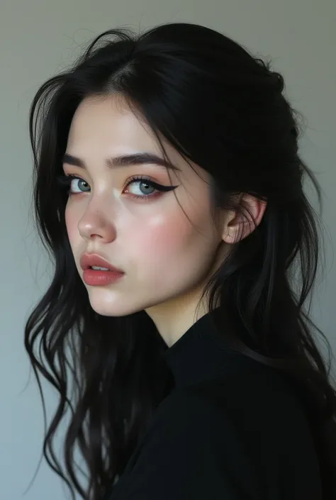 Woman with light gray eyes, medium lashes,  dark makeup , upturned nose, pale white skin. Pointed profiled eyebrows .  Age twenty-three .  Dark jet black hair fluffy straight. German, Swedish. 