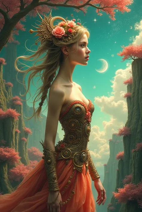 bright painting of a beautiful woman in steampunk style and a tree with stars in the sky, in the style of dreamlike fantasy creatures, multilayered dimensions, swirling vortexes, realistic color schemes, red green and light blue, light-filled landscapes, m...