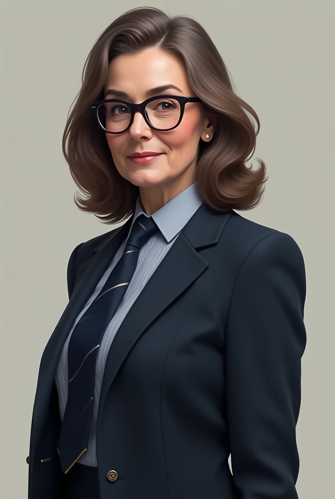  old girl,king,  with the jacket on closed and navy blue skirt and a tie of the same color,medium wavy brown hair with curtain-style hair on the sides  ,with glasses 