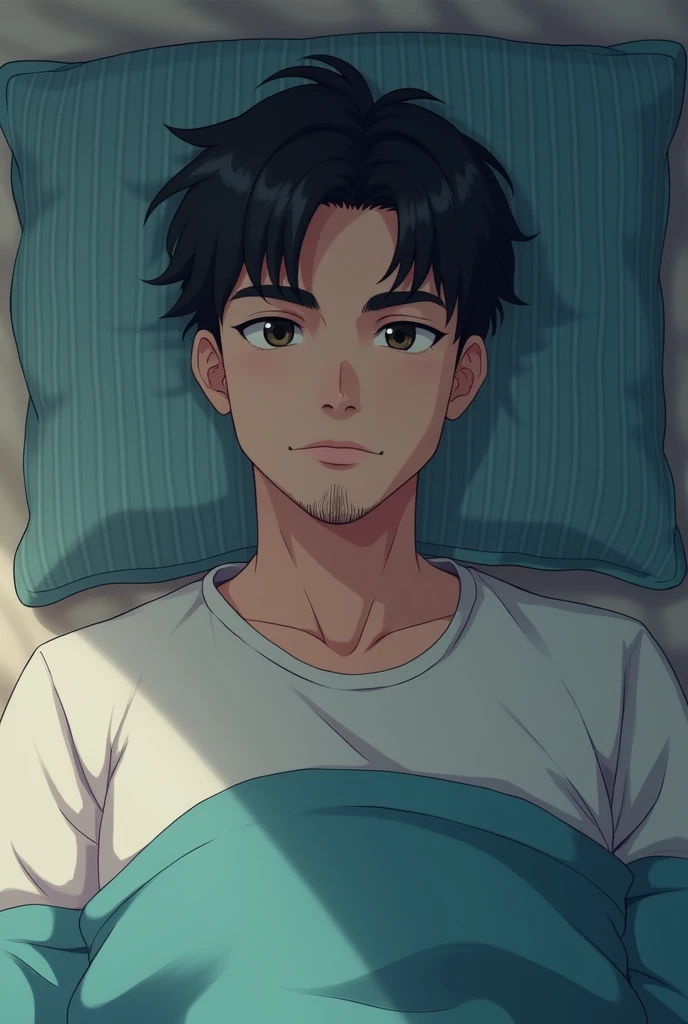 The image shows a young man with short, dark hair lying on his back on a pillow.  He has dark eyes and a short beard.  He appears to be relaxed and looking directly at the camera. The background is a striped teal and gray pillowcase. Anime effect 