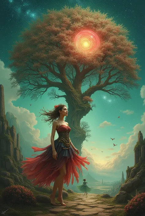 bright painting of a beautiful woman short dress in steampunk style and a tree with stars in the sky, in the style of dreamlike fantasy creatures, multilayered dimensions, swirling vortexes, realistic color schemes, red green and light blue, light-filled l...