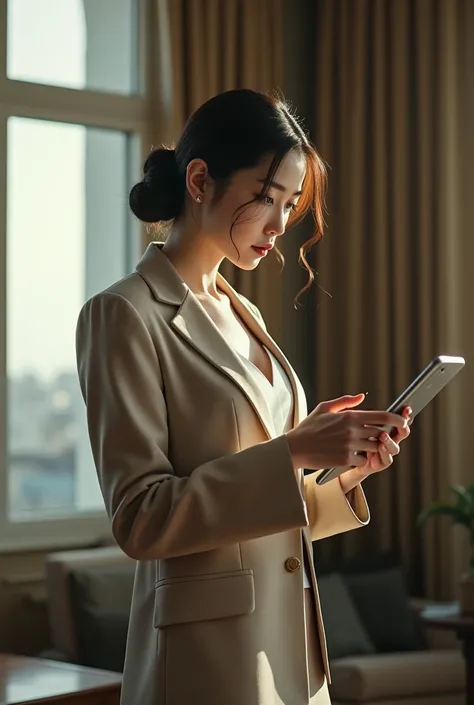 woman in a suit using a tablet computer in a room, working, sun yunjoo, still from a live action movie, park shin hye as a super villain, full device, using a magical tablet, iu lee ji-eun as a super villain, profile pose, [ realistic photo ]!!, shin min j...