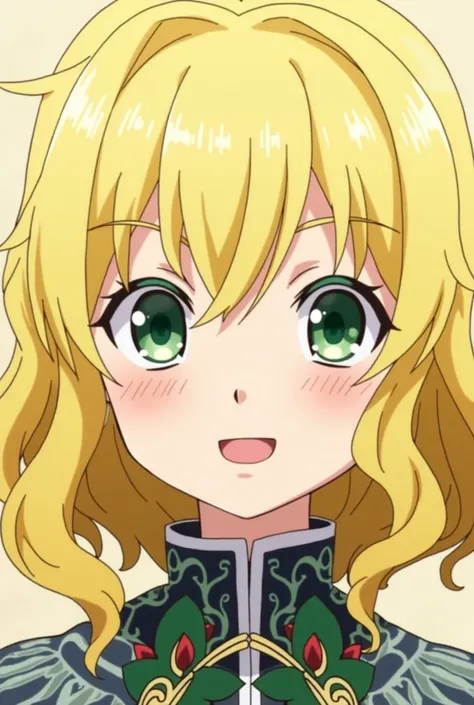  Screenshot of Kimetsu no Yaiba. wavy-haired girl, rubio, with bangs.  It has dark green eyes and has a cheerful expression .  He wears the uniform of a hunter or pillar with details of plants. Its background is a medium blond .
