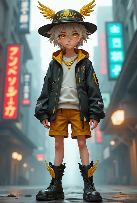 Make a 15-year-old boy , Scottish ,
  golden eyes,  golden hair divided into layers ,  hes wearing a hat with wings ,  his shirt is white and gold ,  he wears gold shorts and black boots with wings.
 Do it in the cyberpunk and supernatural anime style. (do...