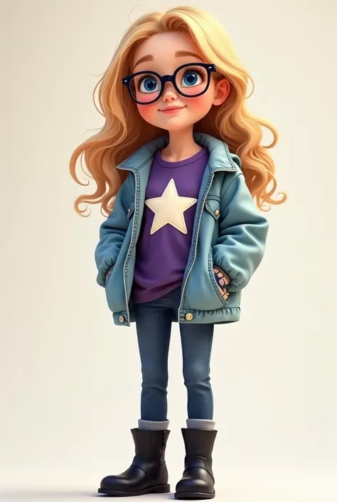 Girl, blonde hair, blue eyes, glasses with black frame, wearing darker purple t-shirt with one big white star on it, light blue denim jacket with nothing printed on it, darker blue denim pants, black boots 