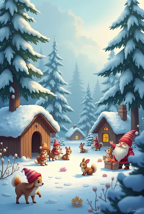 Winter forest with happy animals and gnomes but no river