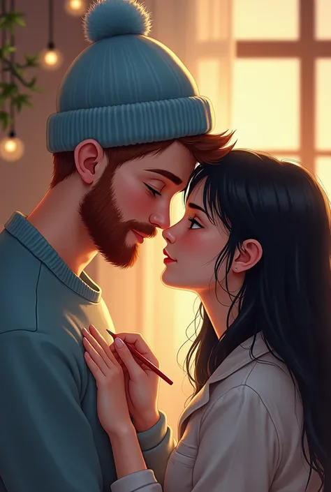 Boy in love with light blue wool beanie hat and short reddish beard with his black-haired girlfriend drawing 