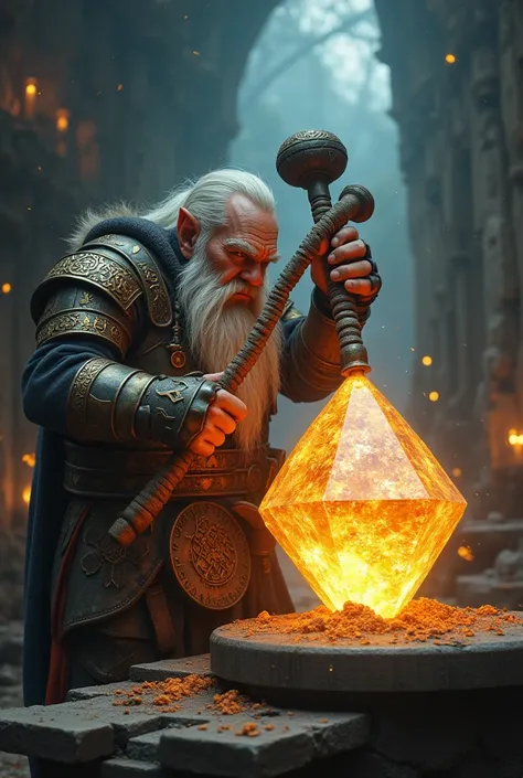 A gnome dressed in armor working on an anvil a large diamond with a hammer