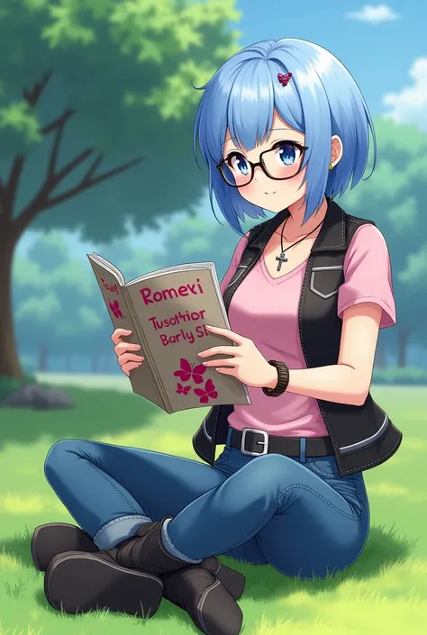 anime,  beautiful woman,  short blue hair , press on the hair ,  bright blue eyes , beautiful body, thick legs, earrings, bracelets, glasses,  long boots with heels and buckles ,  very short jeans ,  black belt , black sleeveless vest with gray details , s...