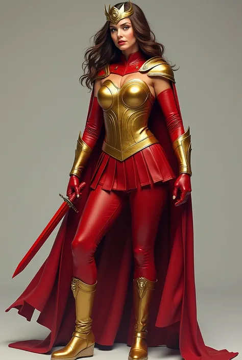 DC, Wonder Girl, Donna Troy, 58 years old, medium light brown hair, a little overweight, white skin, red leather and golden dress with high neckline, long sleeves in red leather, golden details, golden espadrilles, completely golden metallic breastplate , ...