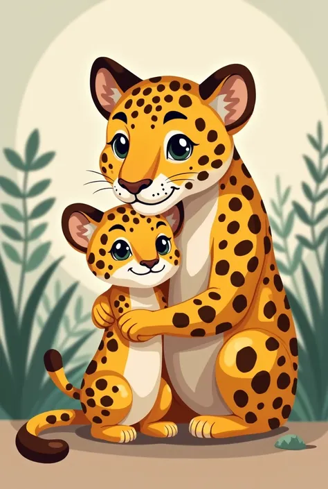 Create an image of a baby jaguar together with your mother (simple cartoon style) Make the mother bigger and behind the daughter with a loving expression 