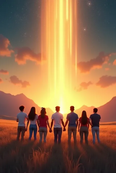 An inspirational image for a Christian event with the Chosen Generation theme. Showing a group of young people of different ethnicities in an open field at sunset, praying, symbolizing unity and worship. Rays of heavenly light descend upon them, reflecting...