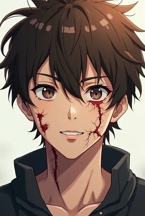 A handsome young anime boy with brown hair full of scars with a scar that runs through his right eye and lips 