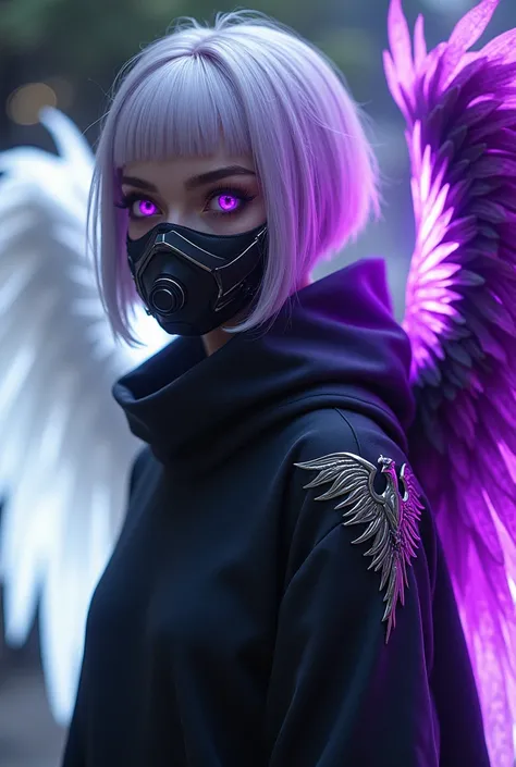 A cyberpunk-style hybrid angel and demon boy with purplish white hair with purple eyes Escalarte,with the left wing white and the purple one with an aura around his body ,  wearing a hoodie and modern clothing with a personalized half oxygen mask and a fen...