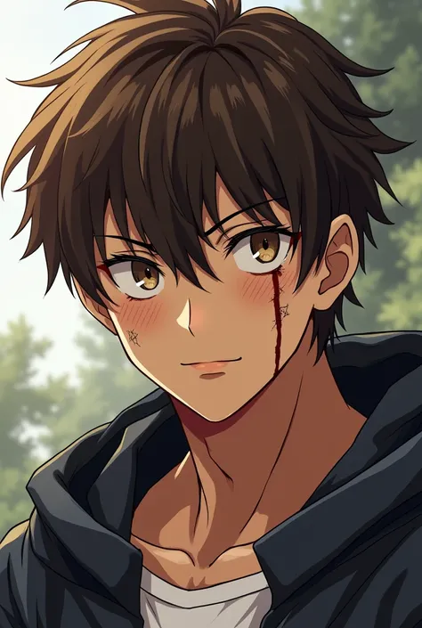 A handsome young anime boy with brown hair full of scars with a scar that runs through his right eye and lips, With healed scars and Atlético