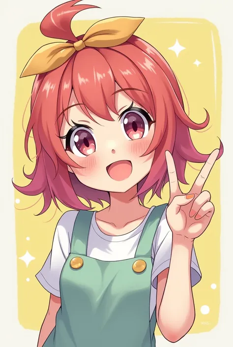 A profile picture.  a funny anime character ,  the cartoon with anime features .  with a very fun color palette. a girl without being sexualized making a sign of peace with one hand