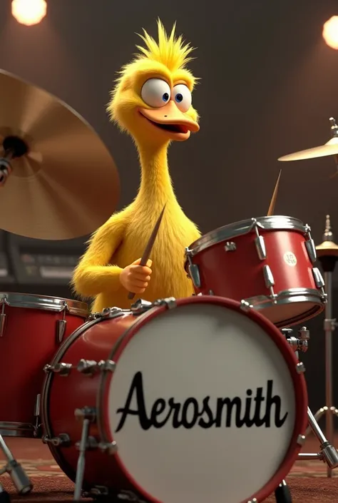 Drummer Joey Kramer short haired yellow goose playing drums written by Aerosmith on bass drum in realistic animation