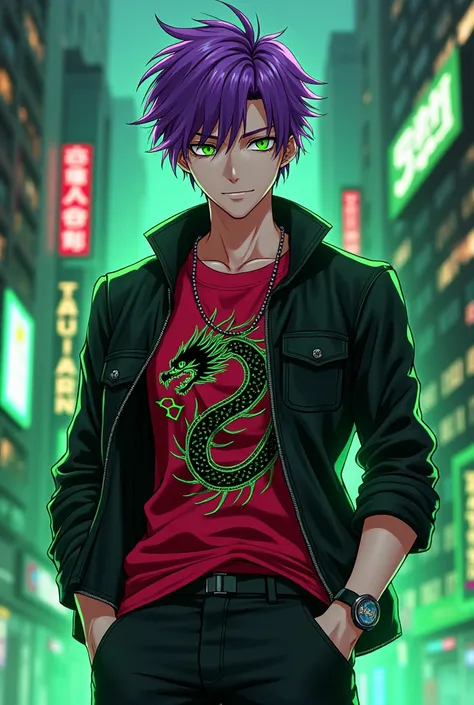 1 boy, purple hair,  green eyes, neon, black jacket. Red dragon on the shirt, smile. cyberpunk,  short hair, loose pants, city. strong. beautiful, masculine, man, green details, green lines on the face, anime