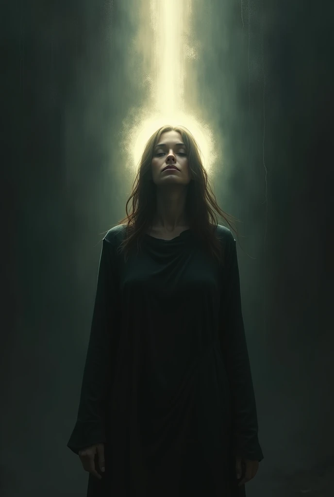 
 A person in an introspective moment , with a halo of light surrounding ,  symbolizing spiritual quest and transformation .  The background could be a dark place with a beam of light heading towards the person. paint 
