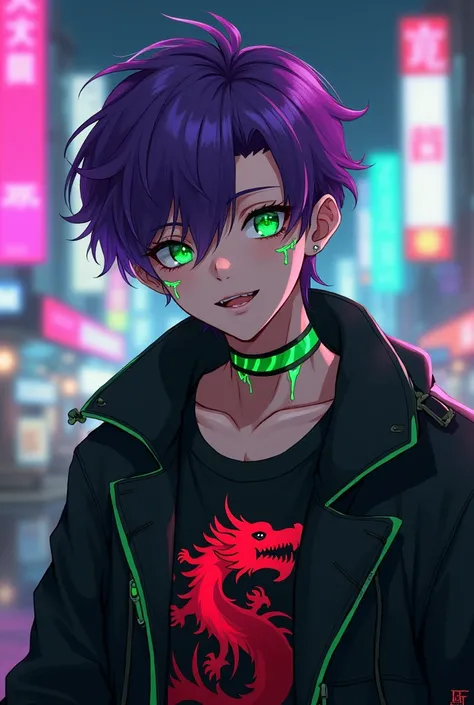 1 boy, purple hair,  green eyes, neon, black jacket. Red dragon on the shirt, smile. cyberpunk,  short hair, loose pants, city. strong. beautiful, masculine, man, green details, green lines on the cheek, green line around the neck 