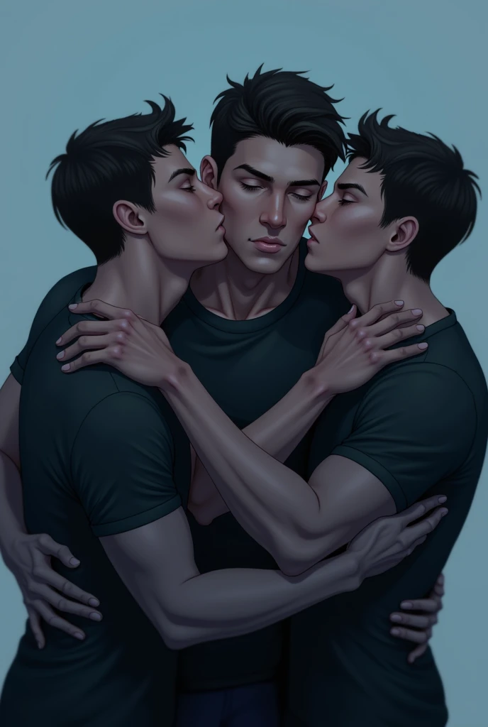 Create several men kissing each other wearing a full-length black t-shirt in a blue environment 