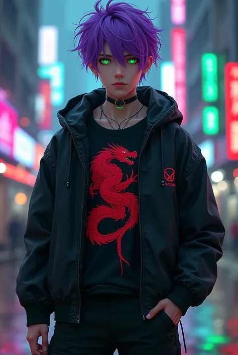 1 boy, purple hair,  green eyes, neon, black jacket. Red dragon on the shirt, smile. cyberpunk,  short hair, loose pants, city. strong. beautiful, masculine, man, green details, green lines on the face, green line around the neck 