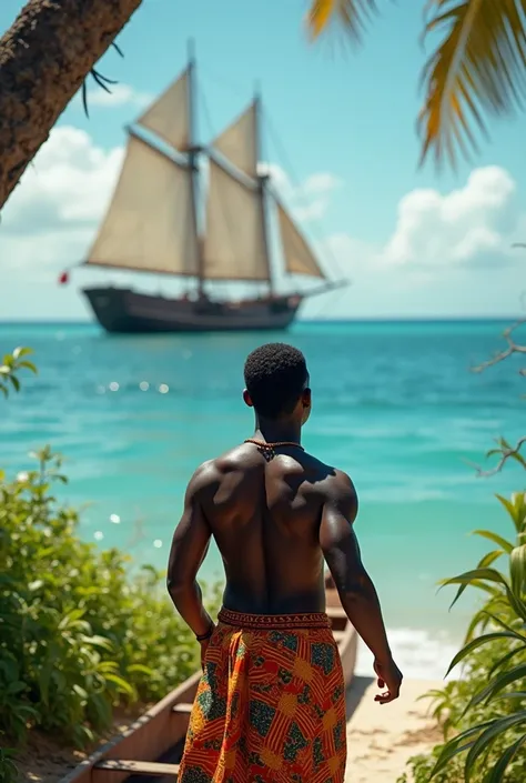 I want a video that shows a young black man dressed in African clothes, he is by the sea, next to him there is a canoe, the young man is looking towards the sea, seeing a big colonial ship coming to their country and then he starts to run away