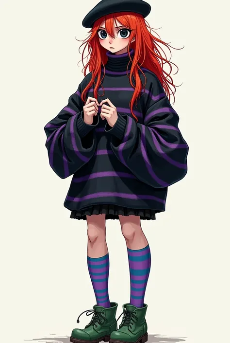 She skin is pale white. She has a very massive yet messy Red hair with black hair combined, her hair is so long till her legs. She wears an Black and Purple Stripes Sweater that covers her upper legs with a big turtleneck that covers half of her head, long...