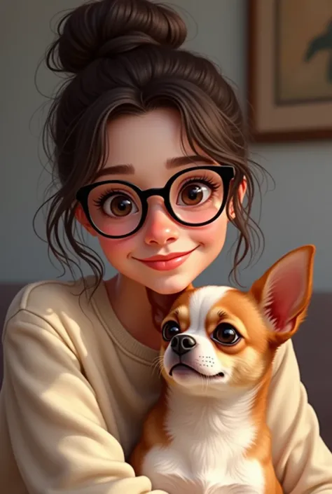 Brunette lady with black hair in a bun and black glasses with brown eyes smiling with a brown chihuahua dog 