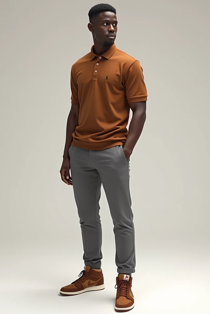 Image of a brown polo outfit , gray pants and brown Jordan 1 sneakers
And white
