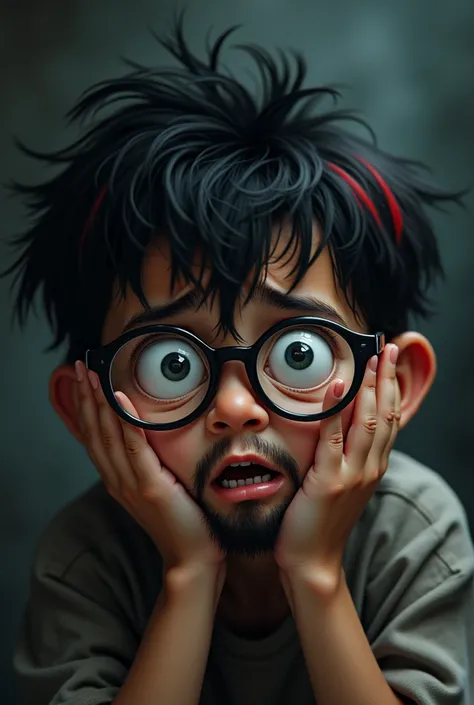 scared boy with his hands in his cheeks with black and red hair and a beard and eyeglasses
