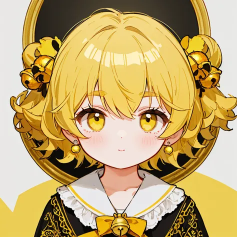  yellow hair、Yellow Eyes、 short bob hair、 curly hair at the tips of the hair、、oval yellow eyebrows 、bell shaped earrings 、 one girl 、masterpiece, best quality, detailed