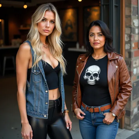 Real life. High definition. Photoshoot. Two women. A long blonde hair caucasian girl with large and very tight breasts, athletic build, wearing black cleavage tank top covered with sleeveless denim vest and black latex pants. Standing side by side with a s...