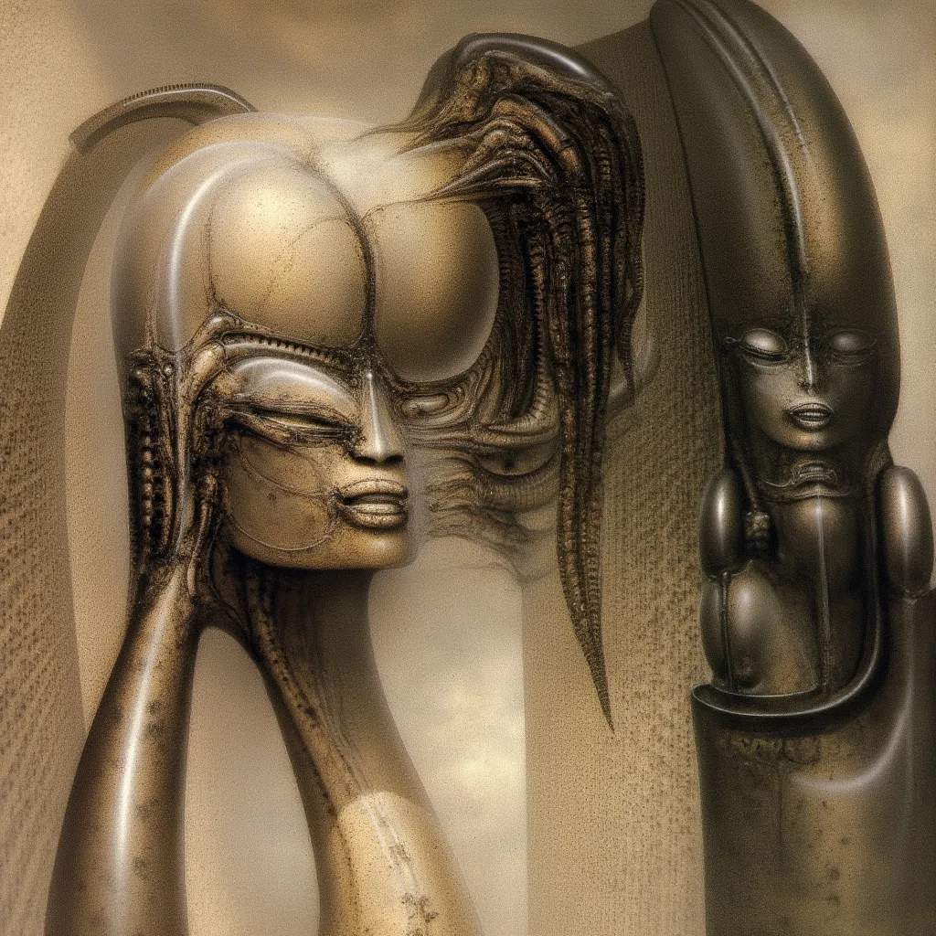 H. R. Gigers g1g3r, , Giger_style, H. R. Gigers g1g3r, , Giger_style, The image is a detailed view of H.R. Gigers " Aleph (work 210) " plate, featuring   vault , a surrealistic depiction digital artwork featuring a face with a head made of mechanical parts...