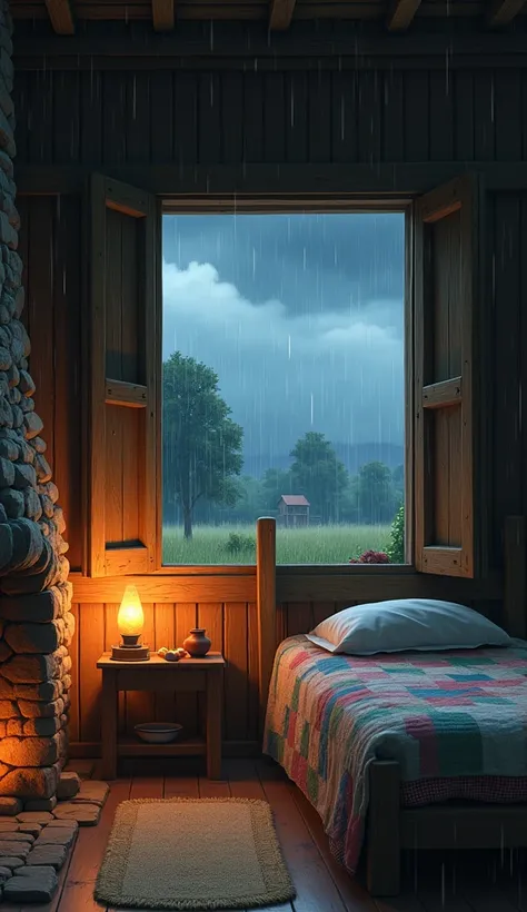 Generate an ultra-realistic 4K anime-style image, inspired by the digital illustration style of Hayao Miyazaki, depicting a humble, rustic bedroom in a countryside cottage. The room features a simple wooden bed with handwoven linens, a patchwork quilt, and...